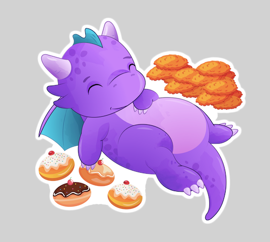 a purple dragon on its back, surrounded by sufganiyot and latkes