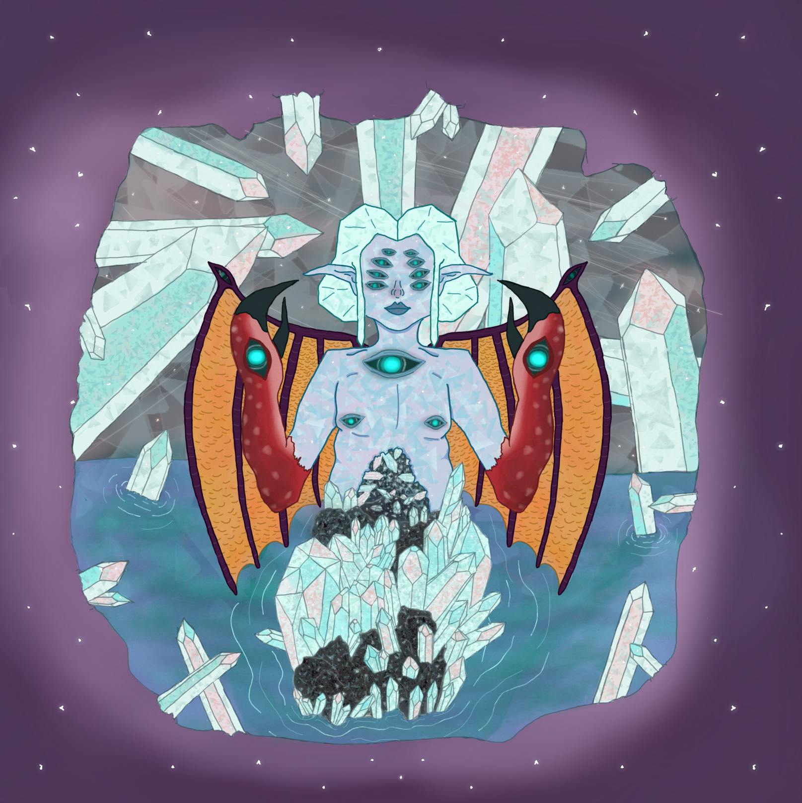  A art piece featuring an elven figure with several glowing eyes, crab claws, and dragon wings. Their lower half is made of crystal. They live in a watery, crystal cave. 