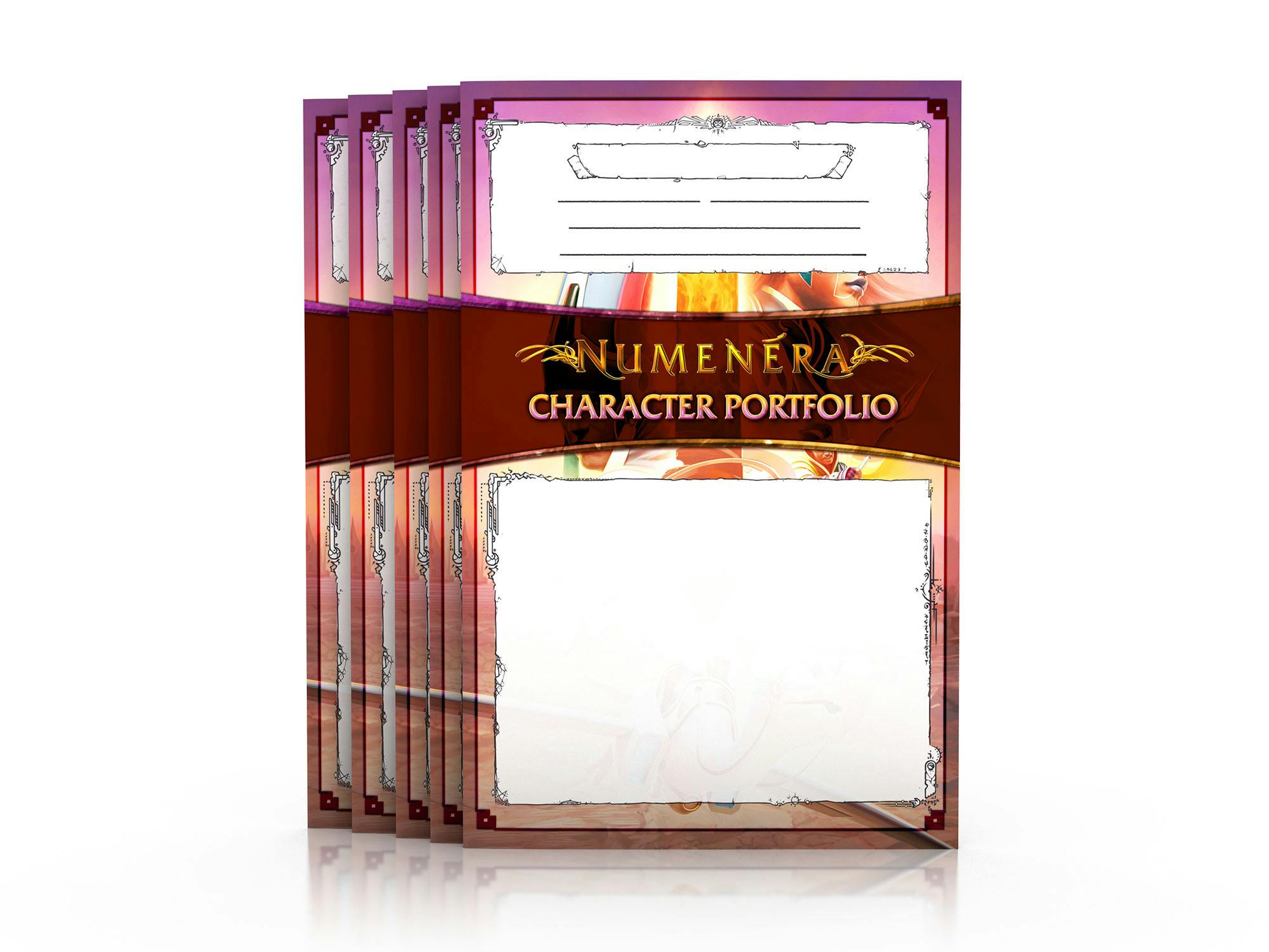 Mockup showing a set of five Numenera Character Portfolios.