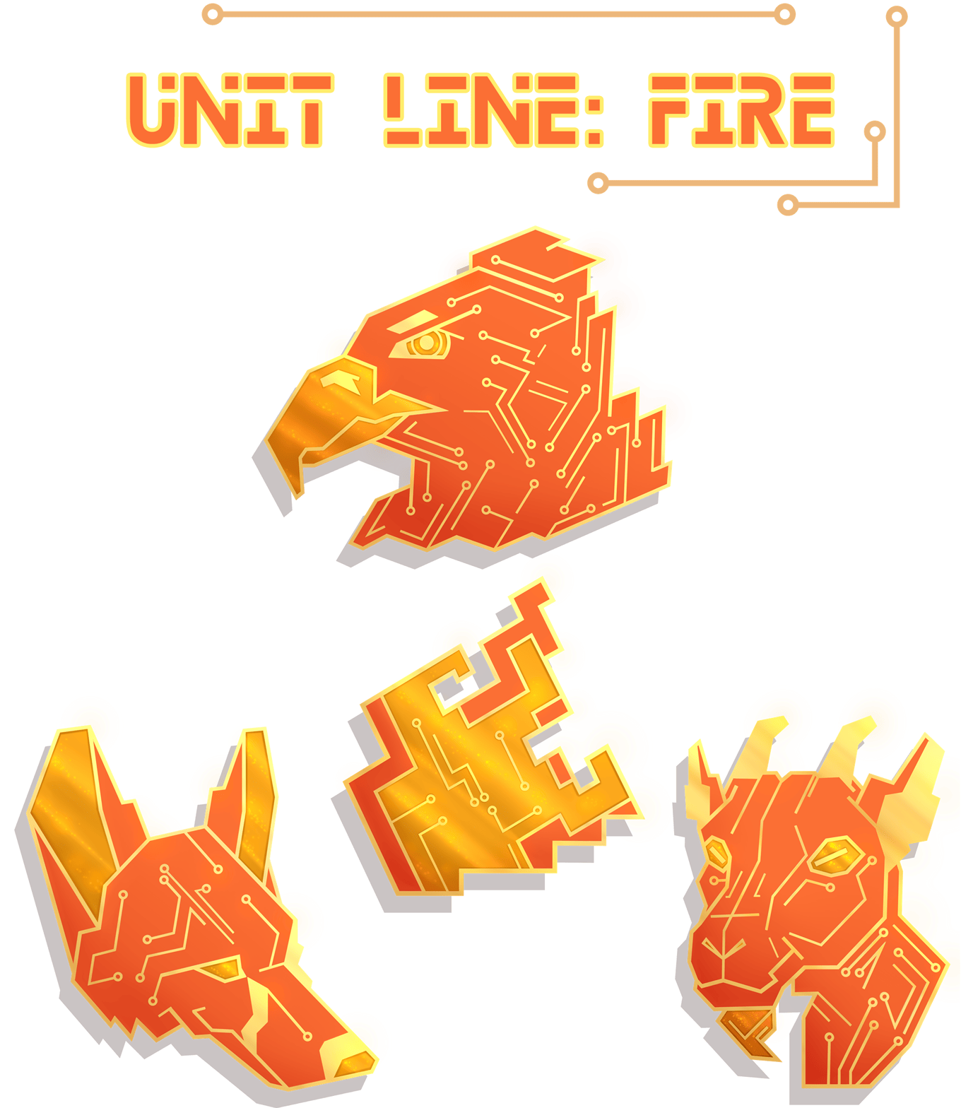 Teaser image of four pin designs, all of them designed to look like orange PCB: a goat, eagle, fox, and flame. Text on the top reads "Unit Line: Fire".