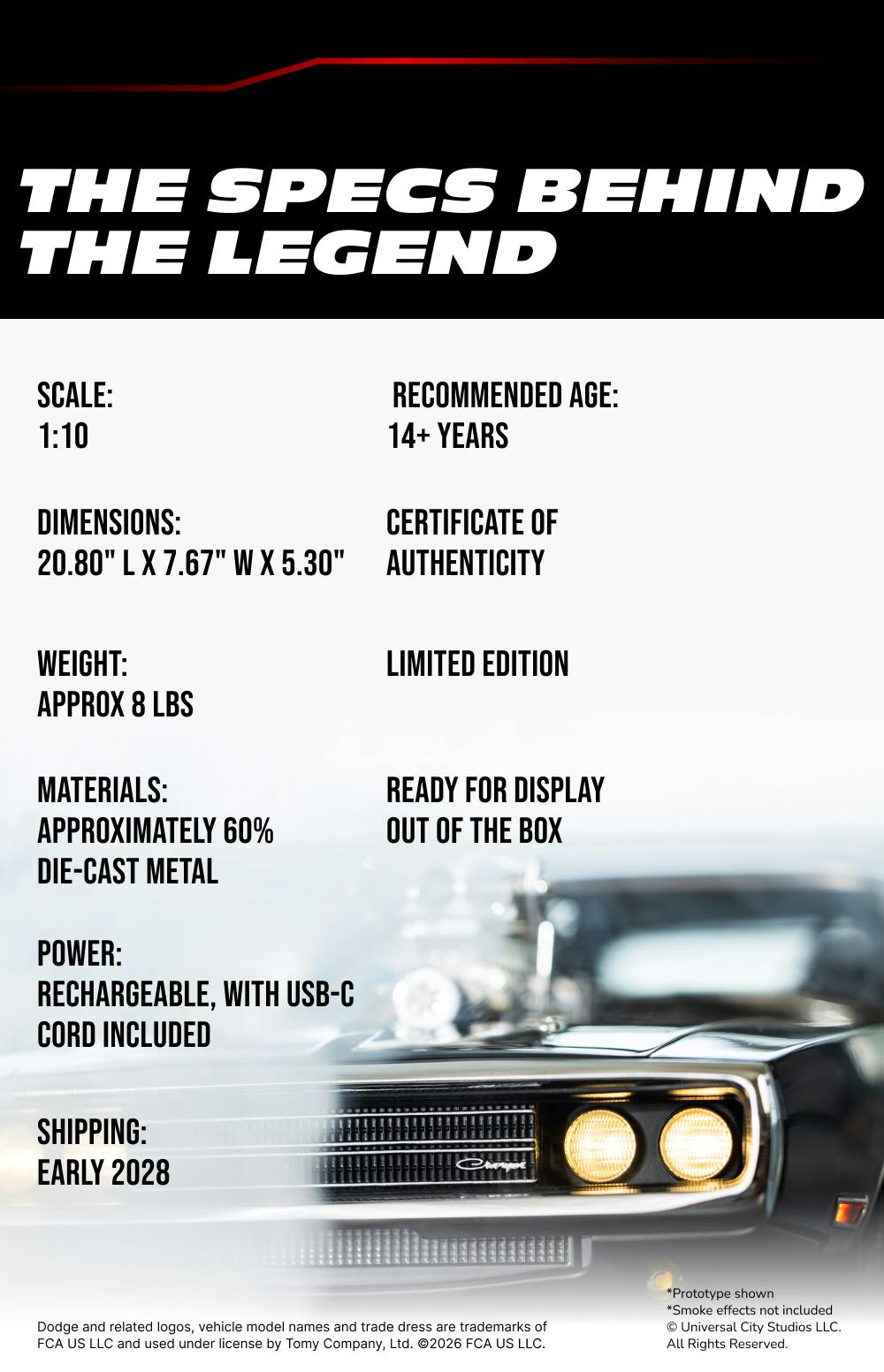 Dom's Charger in 1:10 scale, approximately 60% die-cast metal, limited edition from TOMY+
