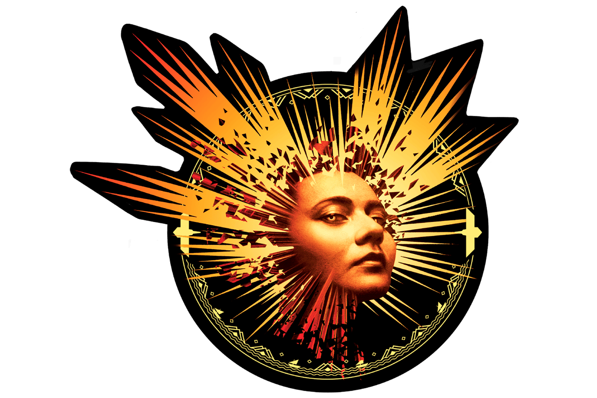 Sticker mockup with an image of an enigmatic woman's face surrounded by golden radiating lines.