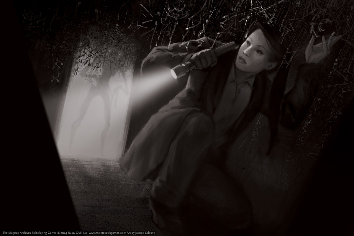 An investigator explores a dark room, while a sinister shape lurks in a doorway behind her.