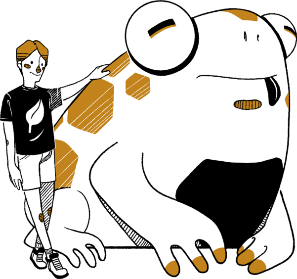 A whimsical illustration of a young man with red hair, and a very large, plump frog with a slothful disposition.