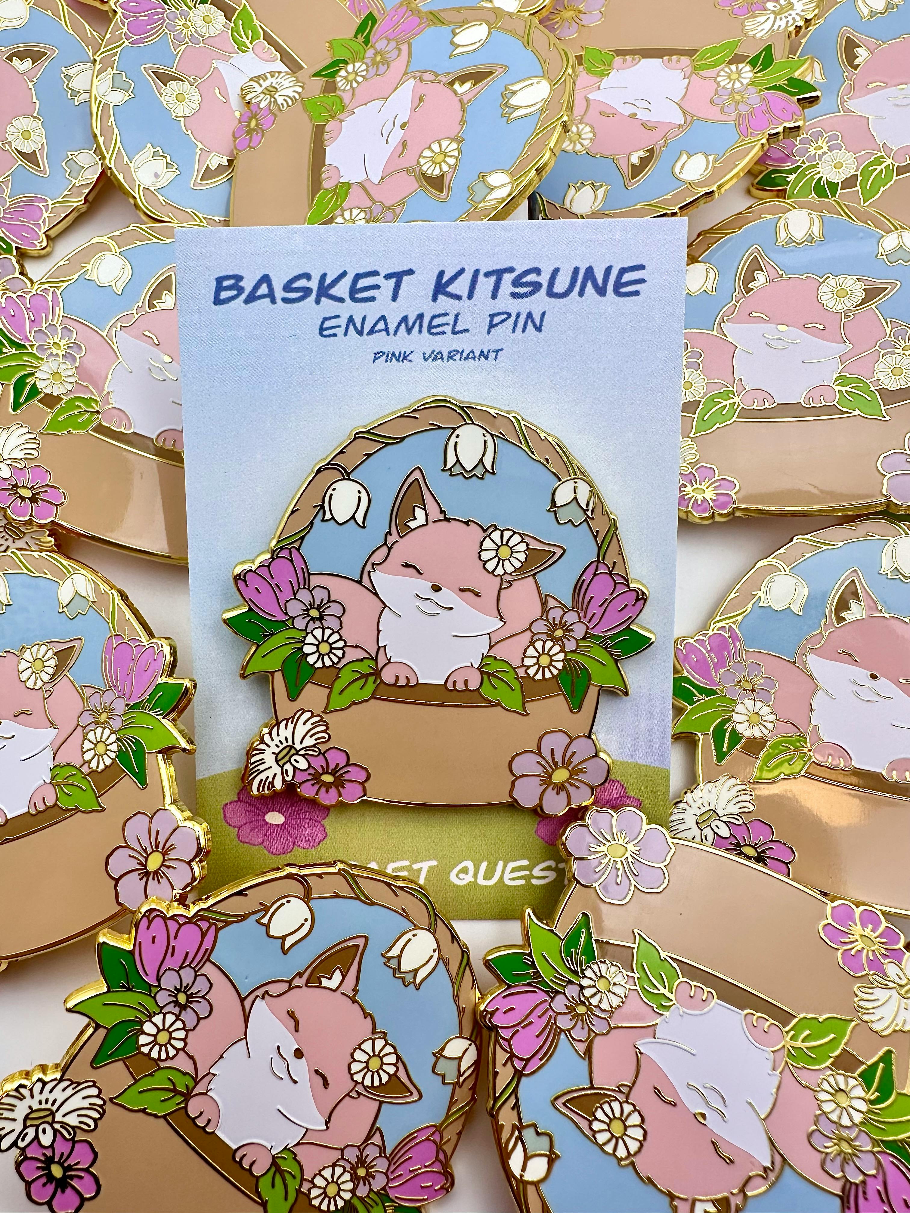 Pink Basket Kitsune Pin