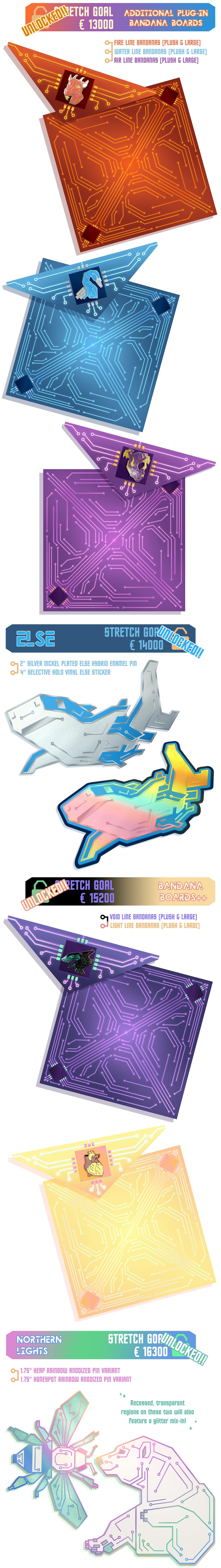 Image highlighting the next several stretch goals: five alternate colorways of the plush and person sized circuit board bandanas - in red orange, blue, purple, vaporwave black-purple-green, and pink-yellow - a shark PCB pin and sticker, and an alternate rainbow anodized plating/pantone colorway of the bee and polar bear PCB designs.