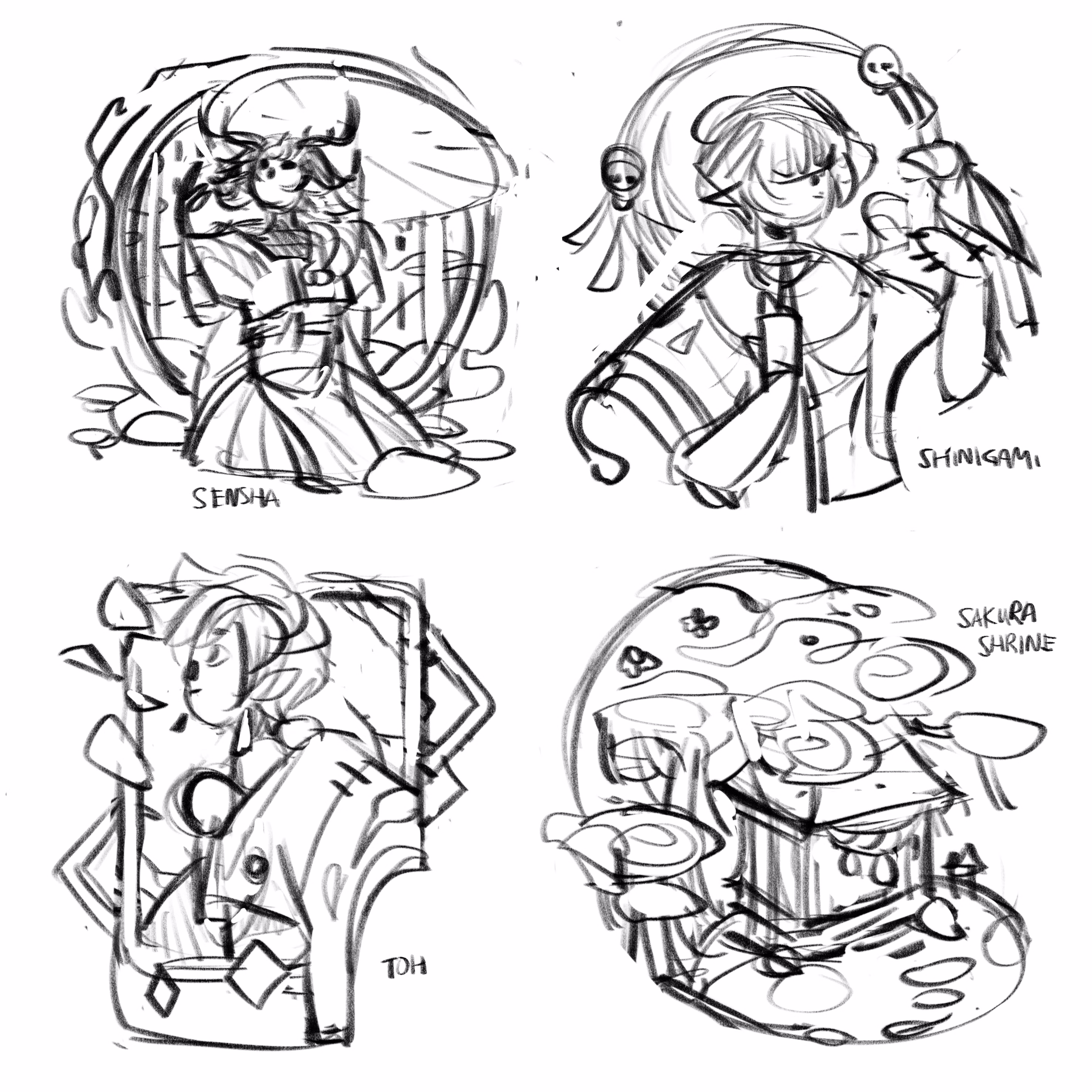 Preview of four enamel pins as sketches; Sensha (The Chariot) taking refuge under an umbrella, Shinigami smiling up at a white crow, Toh in a card-like design that is half breaking apart, and a sakura shrine