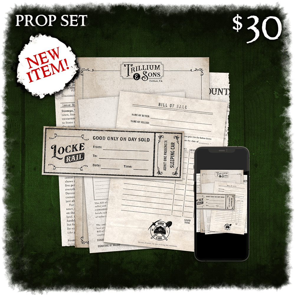 Prop Set. $30. High-quality props build veracity and immerse the whole gaming group in the world you're experiencing together. This Prop Set gives you roughly two dozen of them to help bring your adventures to life! 