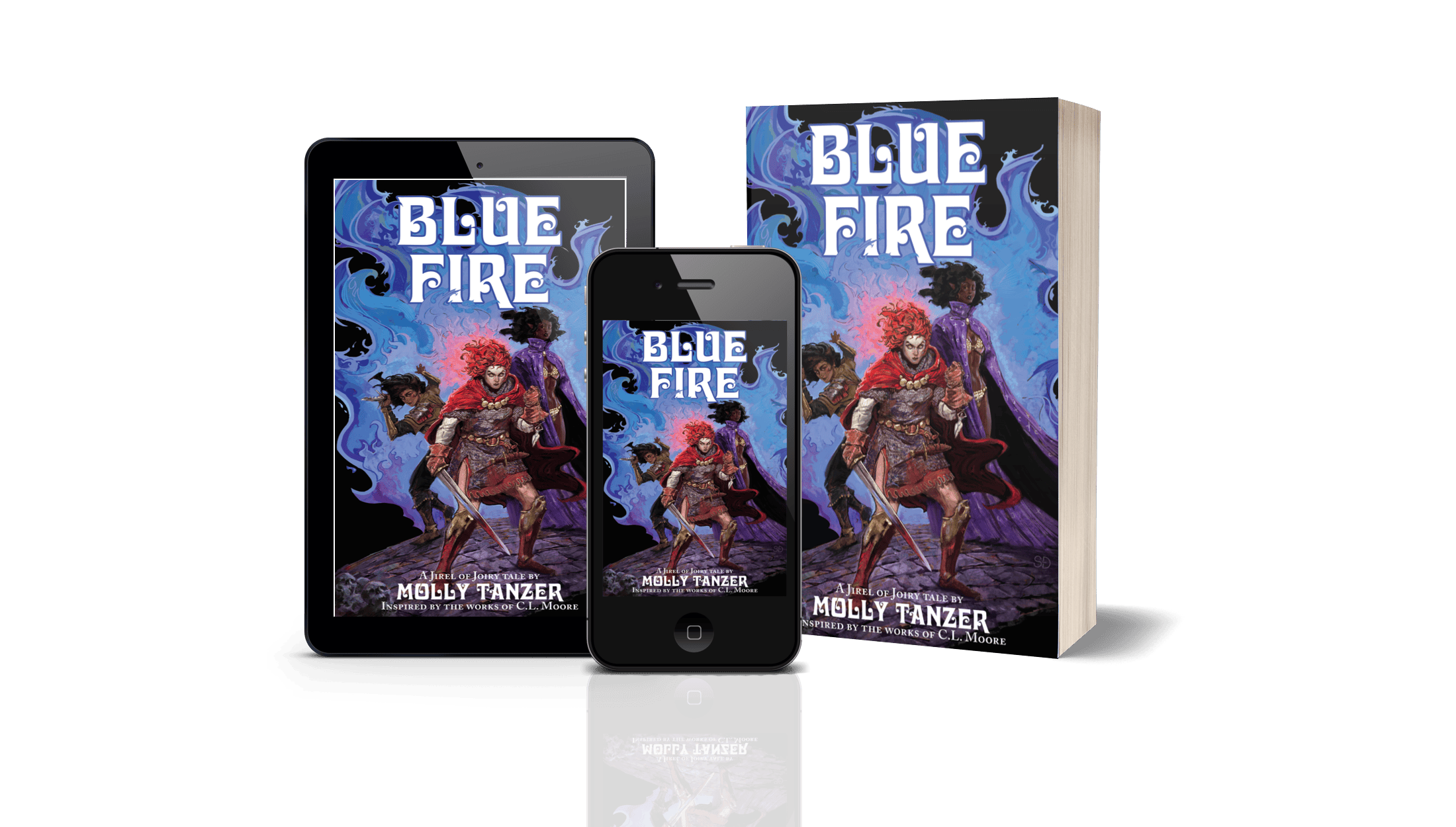  Digital mock-up showing a tablet and phone displaying Blue Fire, and a paperback of Blue Fire. 