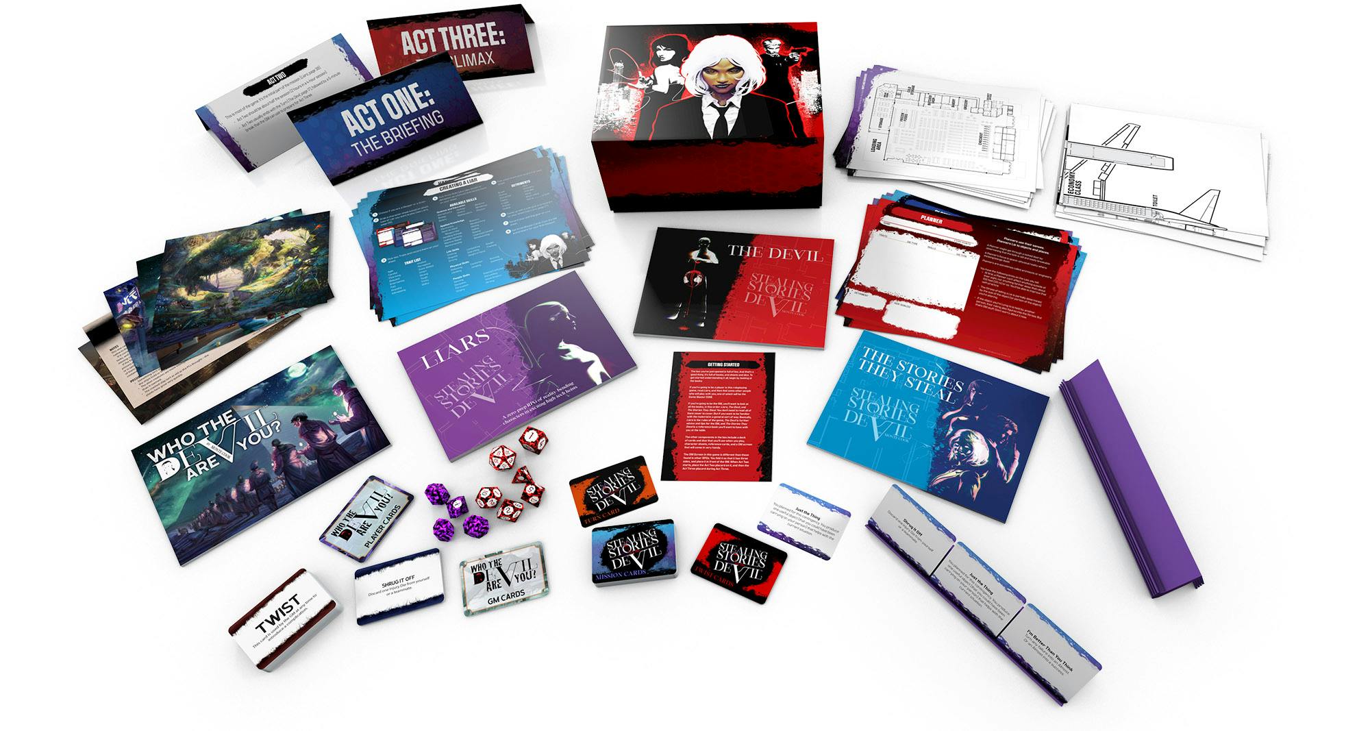 The Deluxe Stealing Stories for the Devil Roleplaying Game view of all included items, handouts, rules, and additional content, including an additional game, Who The Devil Are You?