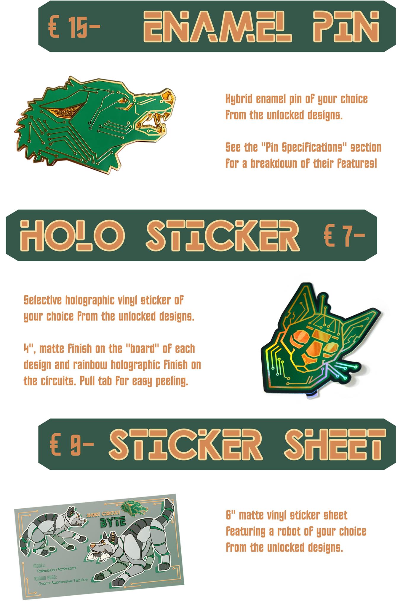 List of Add-On options for campaign pledges: each additional Enamel Pin is 15 Euro, each Selective Holographic Sticker is 7 Euro, and each Robot Character Sticker Sheet is 9 Euro. Descriptions read: For Pins: "Hybrid enamel pin of your choice from the unlocked designs. See the Pins Specifications section for a breakdown of their features." For Holo Stickers: "Selective holographic vinyl sticker of your choice from the unlocked designs. 4 inch matte finish on the board of each design and rainbow holographic finish on the circuits. Pull tab for easy peeling." For Sticker Sheets: "6 inch matte vinyl sticker sheet featuring a robot of your choice from the unlocked designs."