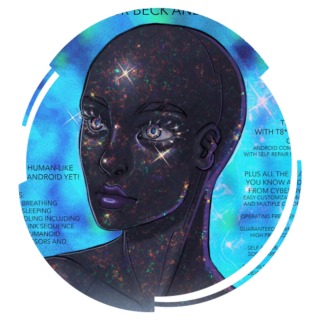 A 3/4 profile of a black silicone bot that looks female.