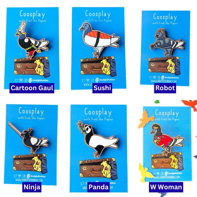 a grid of six wooden pins created from illustrations by Loadofolbobbins, showing a pigeon cosplaying as various things. Clockwise from top left a famous cartoon gaul, sushi, a robot, a superhero w woman, panda and a ninja https://www.backerkit.com/c/projects/loadofolbobbins/loadofolbobbins-holiday-shop