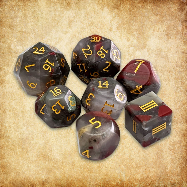 Blood Rock dice: gemstone dice, bloodstone, funky 7