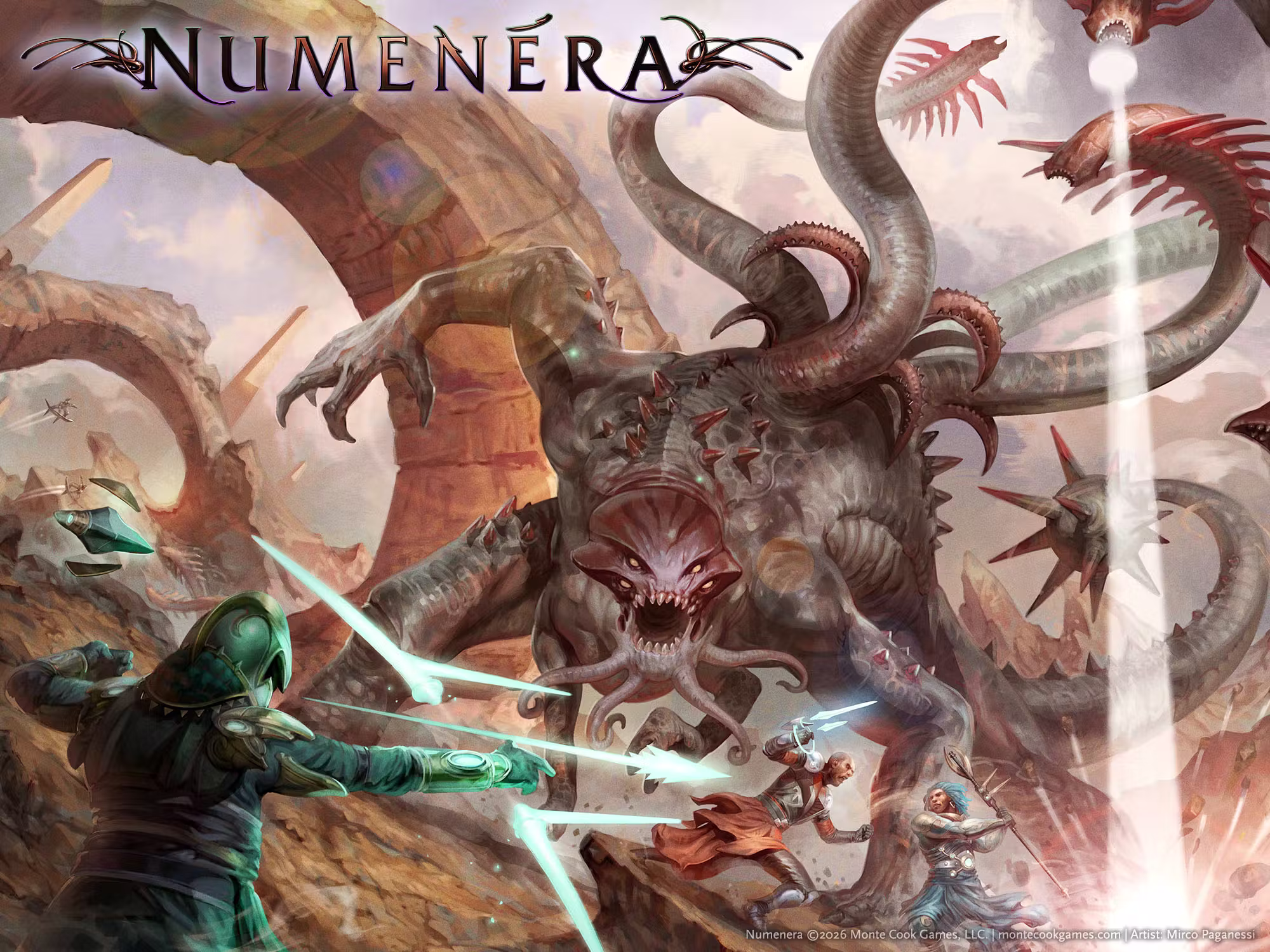 A multi limbed, many tentacled creature roars as three adventurers are in mid melee