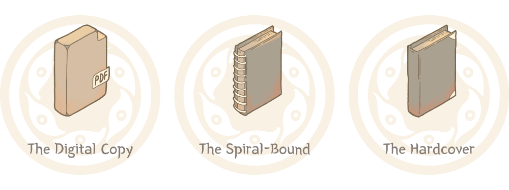Visual overview of the different books: the digital copy, the spiral-bound copy, and the hardcover