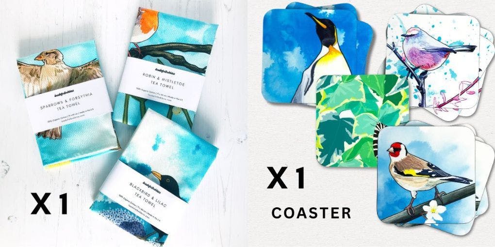 on the left three tea towels one sparrows and forsythia design, one robin and mistletoe design and one male blackbird and lilac design. On the right a selection of nature themed coasters including designs that show a king penguin, european goldfinch, white browed tit warbler and a jersey tiger moth