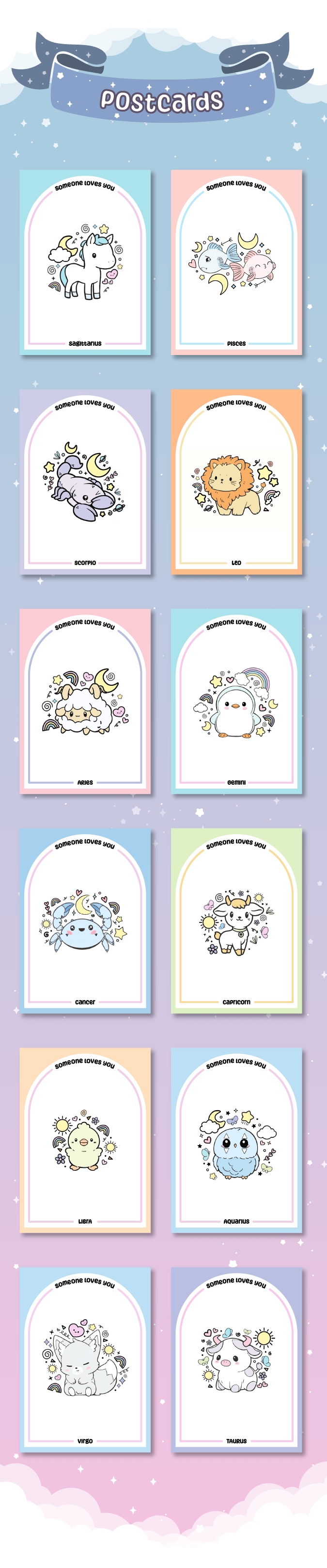 ✦ Zodiac Pals Postcards (Full Set of 12) Save $24!