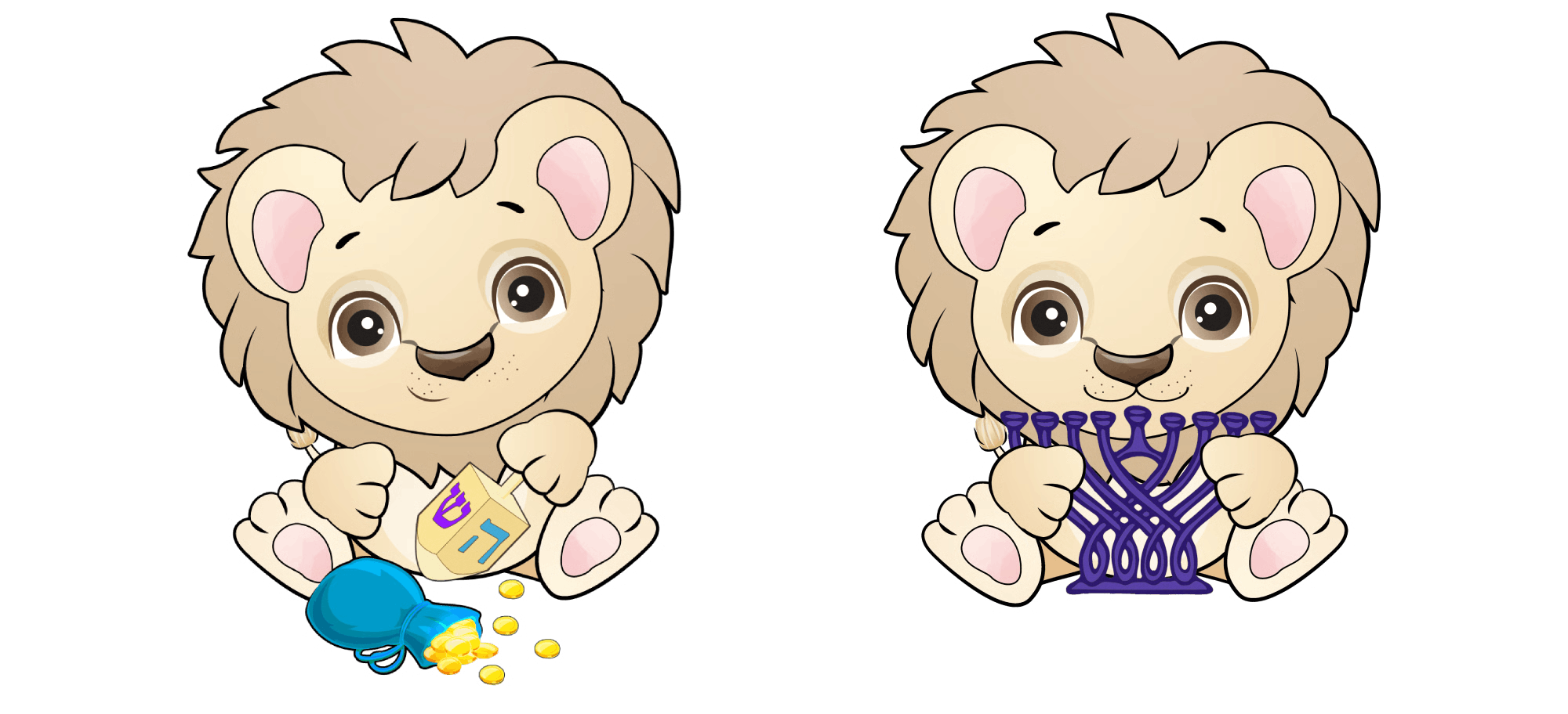 Cartoon lion cub with dreidel and gelt bag (L), and lion cub, slightly different expression, with a purple menorah (R)