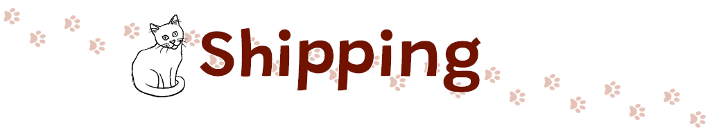 Shipping. A cat sits next to the title with its tail curled around itself. A track of cat paw prints stretches across the page.