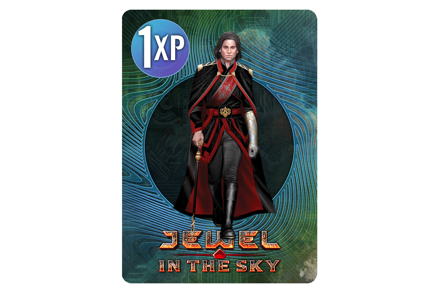 Mockup of a Cypher XP card featuring the Jewel in the Sky logo and an image of a sci-fi character nobleman in a dark cloak.