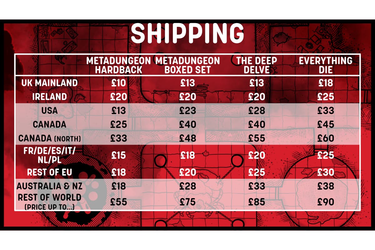 Table of Shipping Prices. UK ranges from £10 for the standard edition hardback to £18 for the Everything DIE pledge. USA ranges from £13-£33, Canada £25-45, Canada (north) £33-60 (we're sorry), FR/DE/ES/IT/NL/PL £15-25, Rest of EU £18-£30, Australia and NZ £18-£38, Rest of World £55-£90 (we're REALLY sorry)