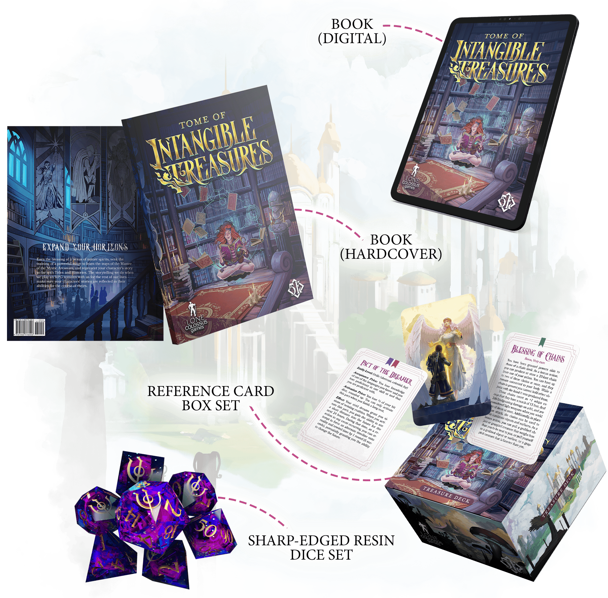  Graphic showing mockups of the book, reference card box set, and sharp-edge resin dice 