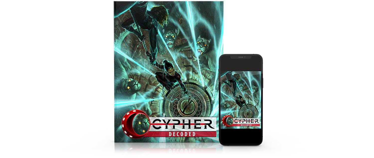 Image of Cypher Decoded as hardcover book and on a phone as PDF.