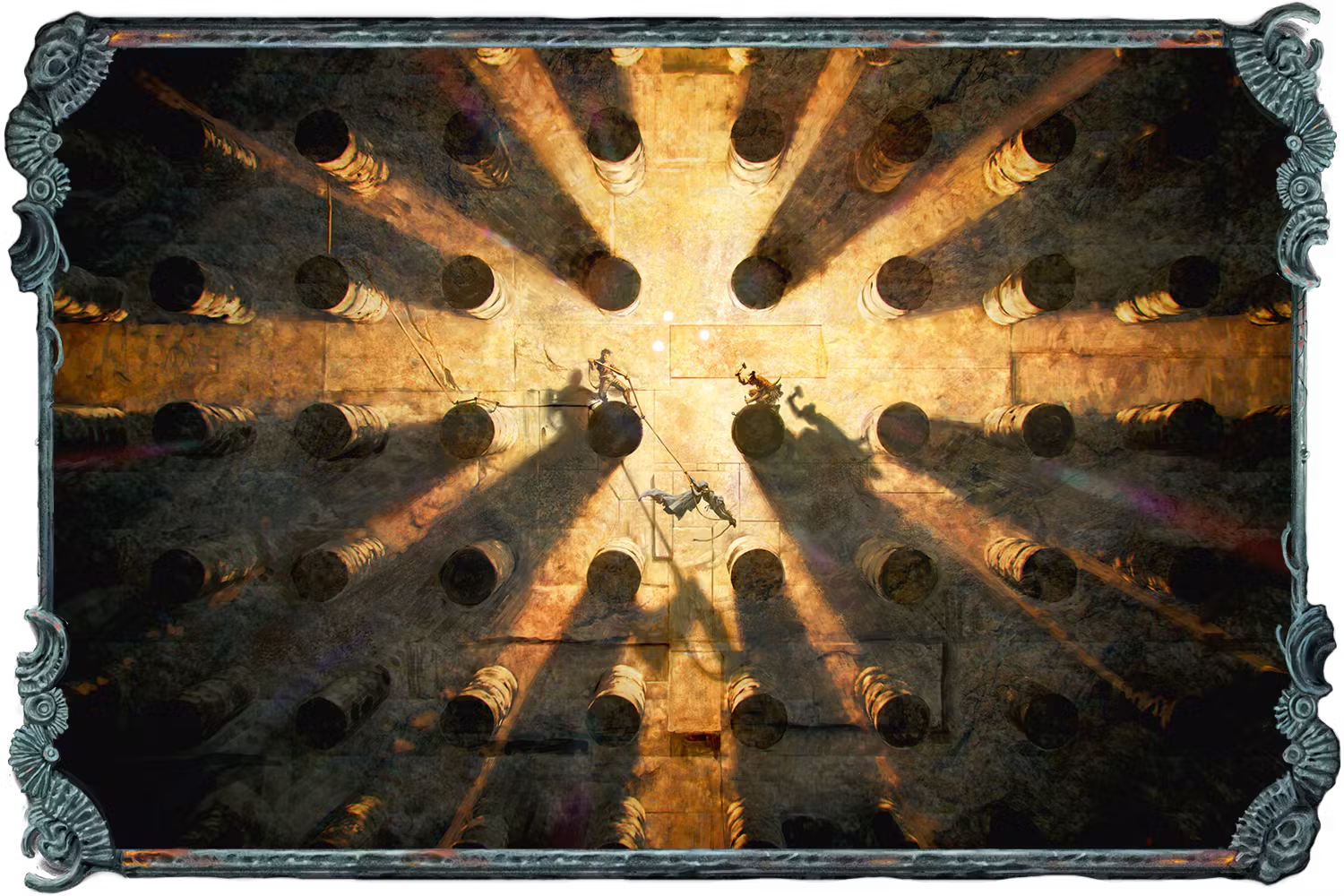 An illustration showing a group of characters maneuvering down a vast wall. Large stone cylinders emerge horizontally from the wall toward the viewer; the characters are usen them to make their way down.