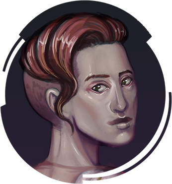 A 3/4 profile of a cyborg man with brown hair and a side shave.