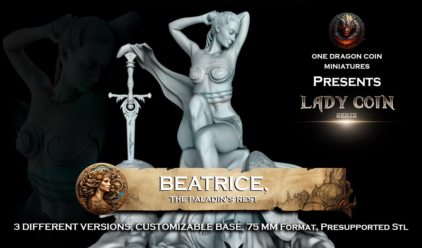 Beatrice, The Paladin's Rest - A high-quality Fantasy Paladin Female Fantasy Figure, STL file, 75mm 3D printable Presupported Mini