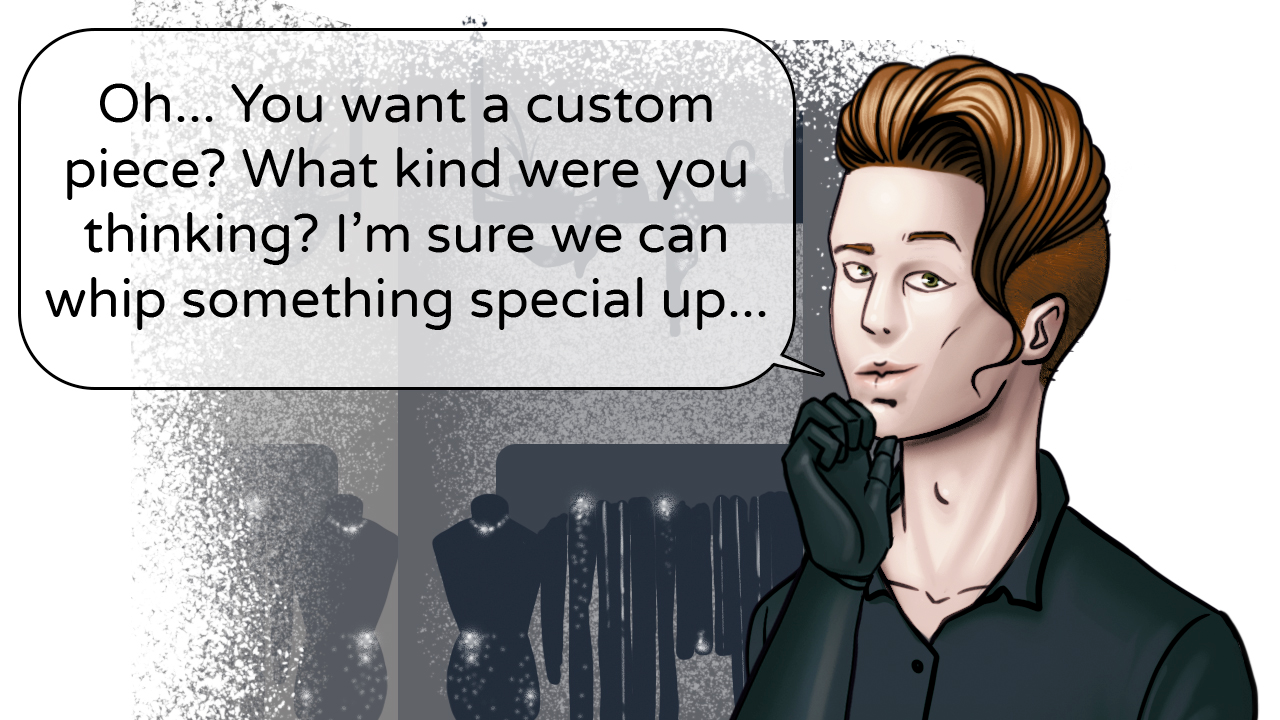 Sylvan, a man with a brown sideshave and black cyborg hands, gesturing. A dialogue bubble reads "Oh... You want a custom piece? What kind were you thinking? I'm sure we can whip something special up..."
