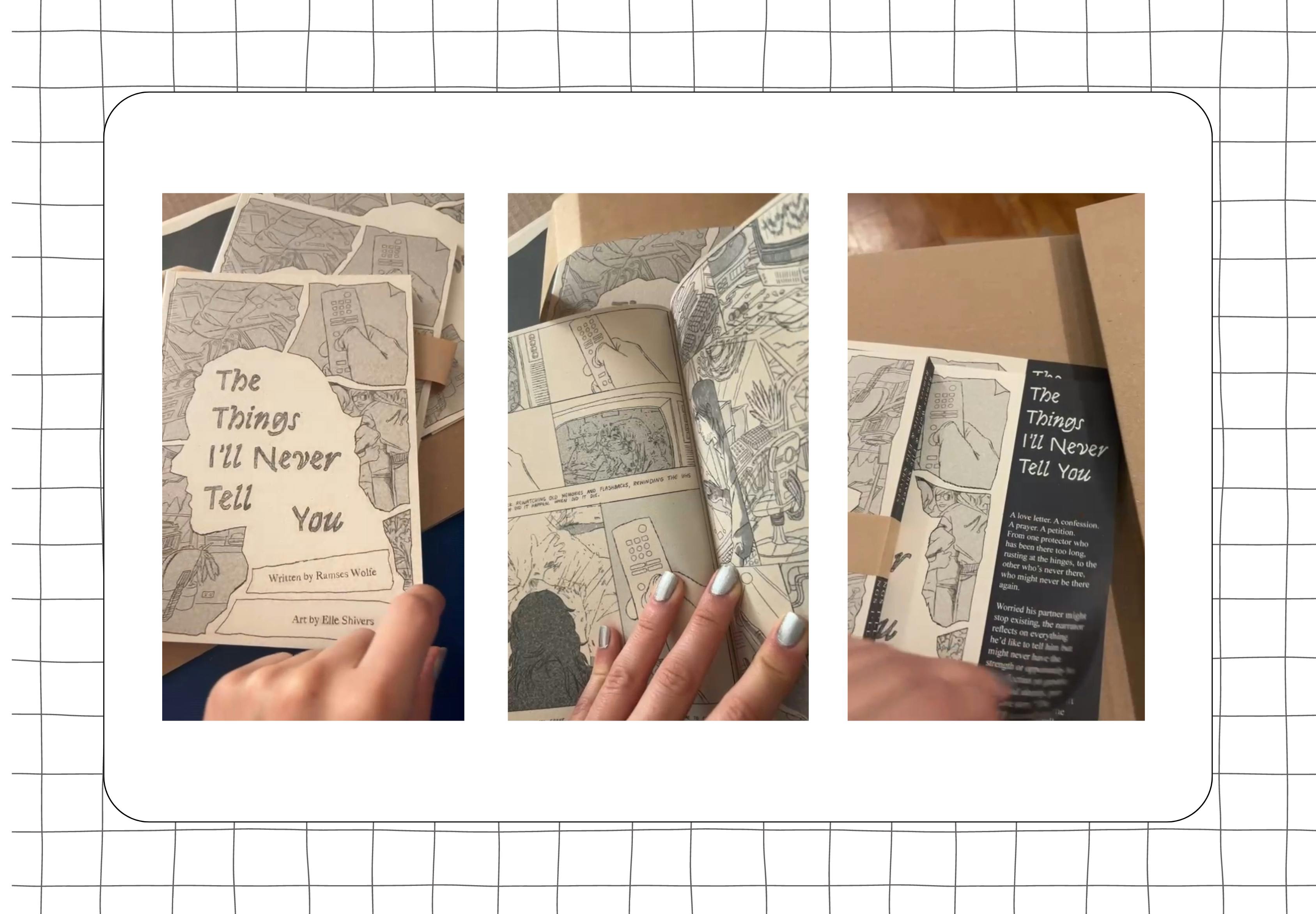  Three photos showing the front, interior, and back of the comic book, placed over a white and black grid background 