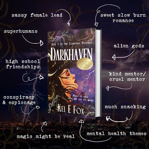 trope map showing Darkhaven by Kel E Fox with the tropes: sassy female lead, sweet slow burn romance, alien gods, kind mentor, cruel mentor, much snacking, mental health themes, magic might be real, conspiracy and espionage, high school friendships, superhumans