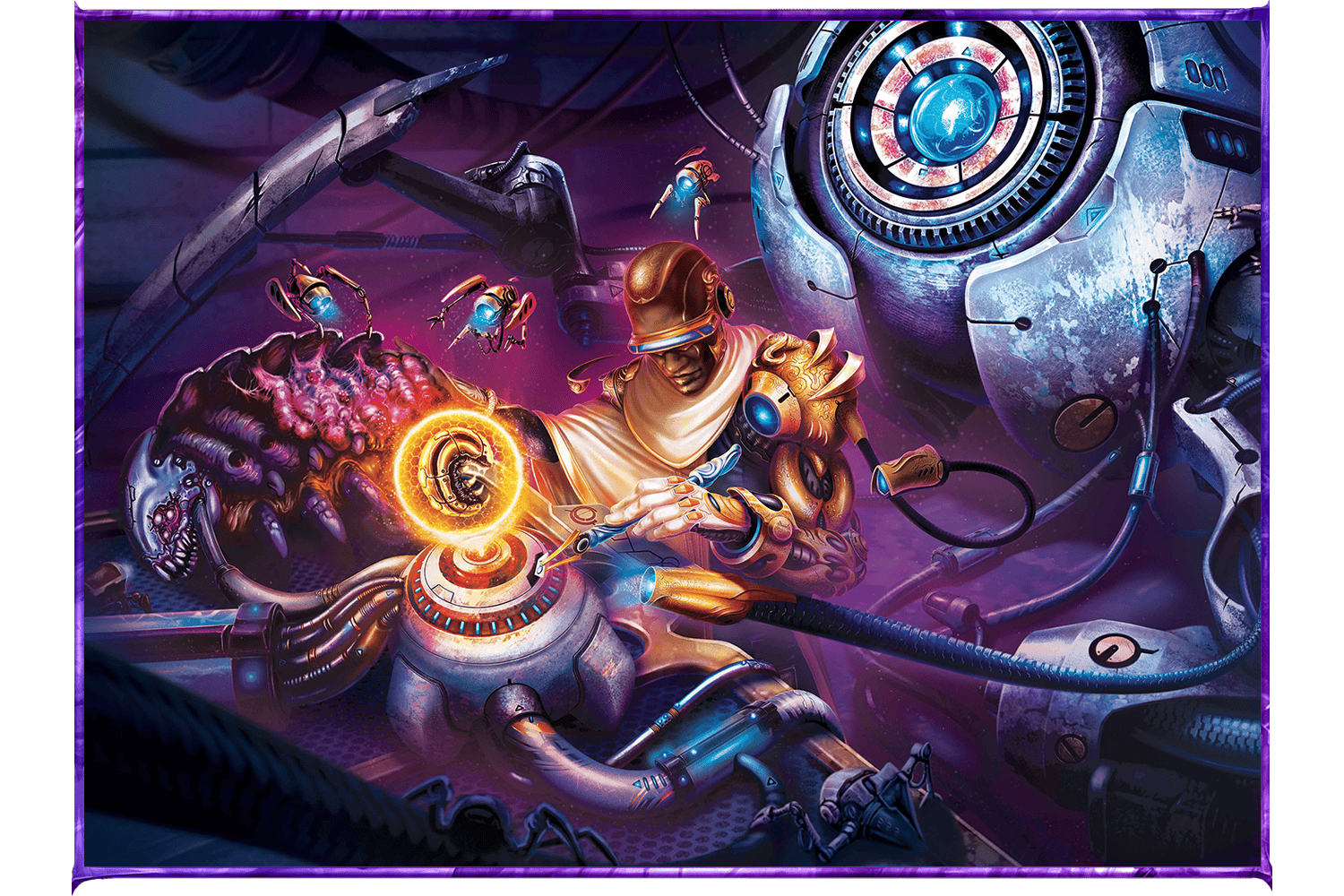 An illustration of a character who is performing some kind of technological repair through the use of smaller machines and a creature who has been sacrificed for this task.