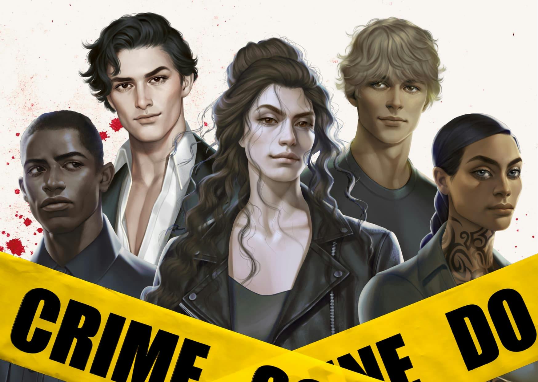 Illustrations of five characters from the Seekers series: Boyd, a Black man with very short dark hair in a starched shirt raising an eyebrow to the side; Drake, a white man with wavy dark hair that reaches to his eyebrows, wearing an open white shirt under a suit jacket; Jack, a white woman with long, wavy dark-brown hair that's half collected into a messy bun, wearing a black leather jacket; Cam, a white man with tanned skin and a mop of blond hair, smiling kindly; Naia, a mixed-race woman with long black hair in a tight braid and tattoos reaching up her neck, looking exasperated. 