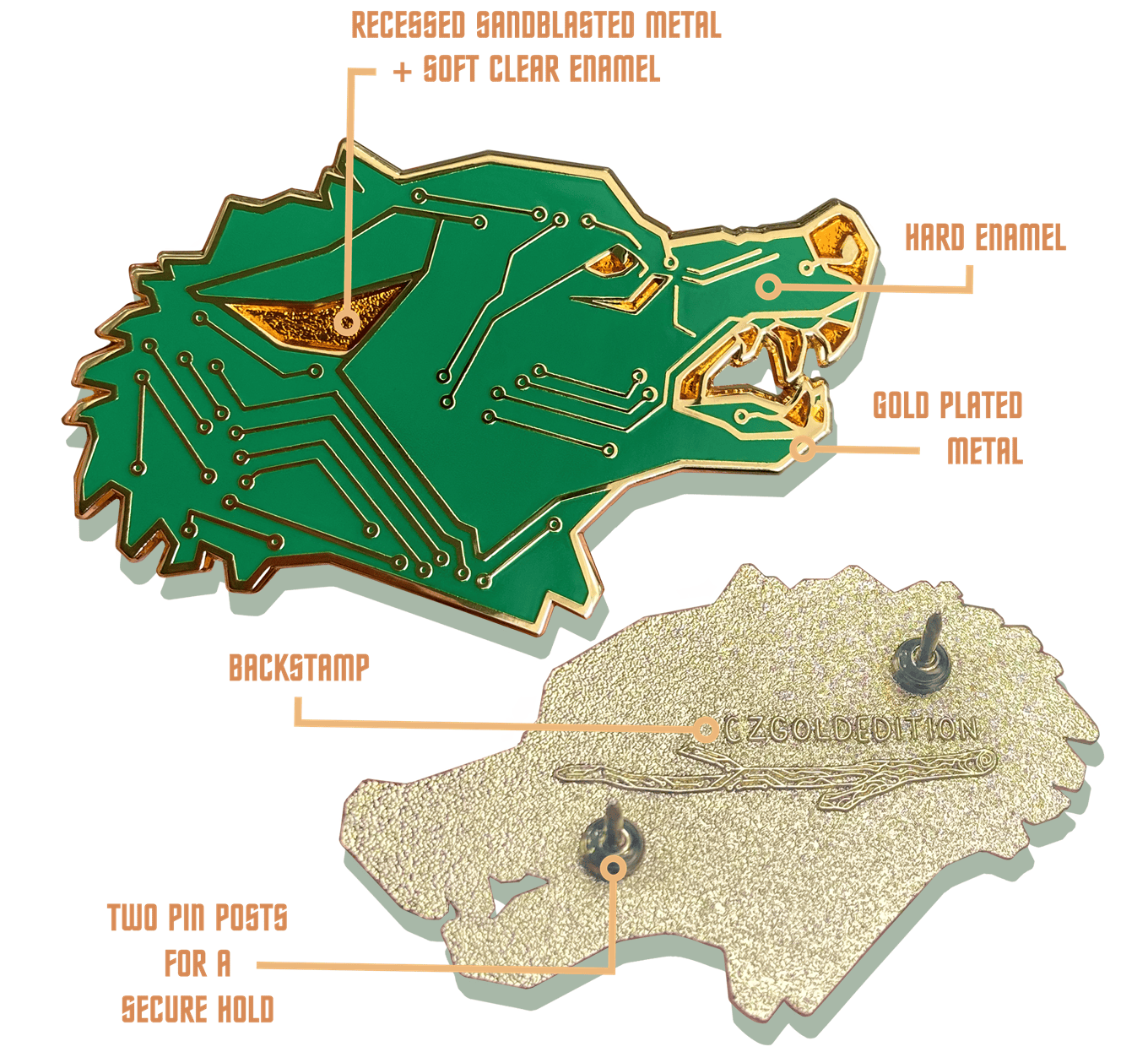 Image pointing out the physical features of the Short Circuit pins using photos of the Byte sample. Details noted are: Recessed sandblasted metal + clear soft enamel, hard enamel, gold plated metal, backstamp, and two pin posts for a secure hold.