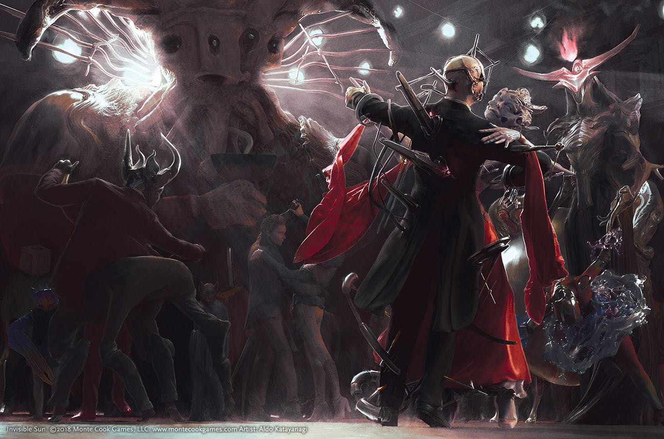 An illustration of a party of vislae and creatures, all dancing away.