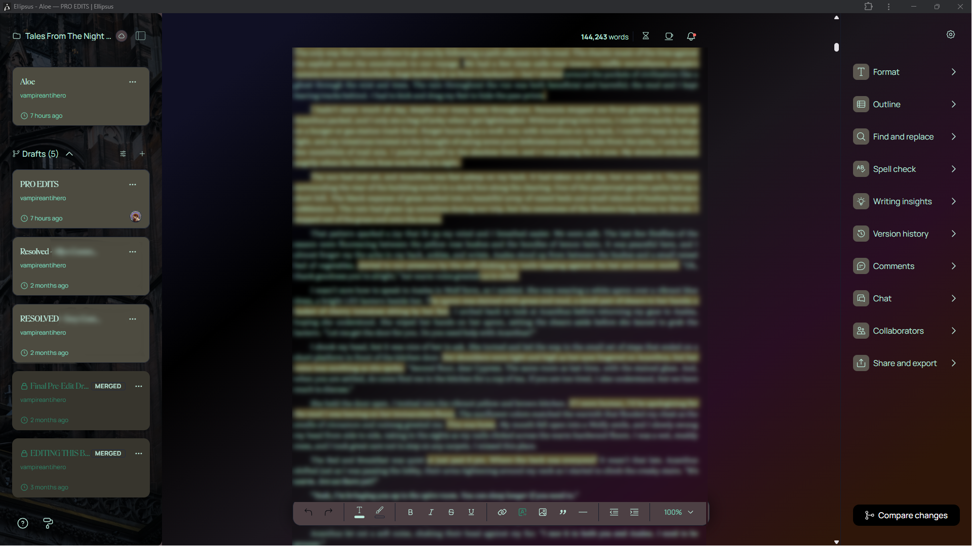  A screenshot of a writing processor with quite a few highlights