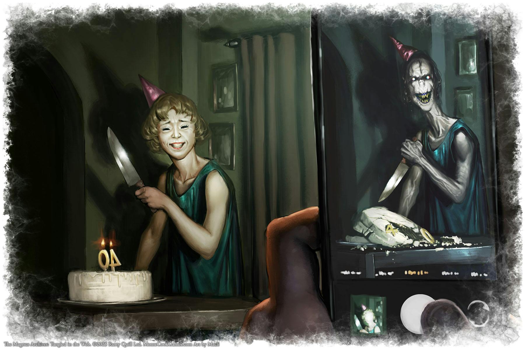 A woman celebrating her 40th birthday and cutting her birthday cake has a photo taken of her. What is shown on the phone camera shows her as if she's a horrible monster.