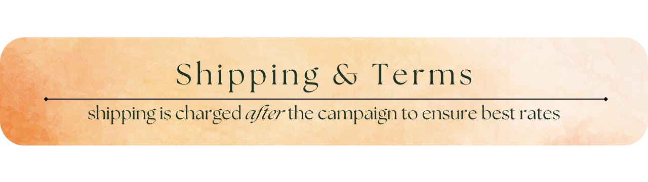 Shipping & Terms - shipping is charged AFTER the campaign to ensure best rates