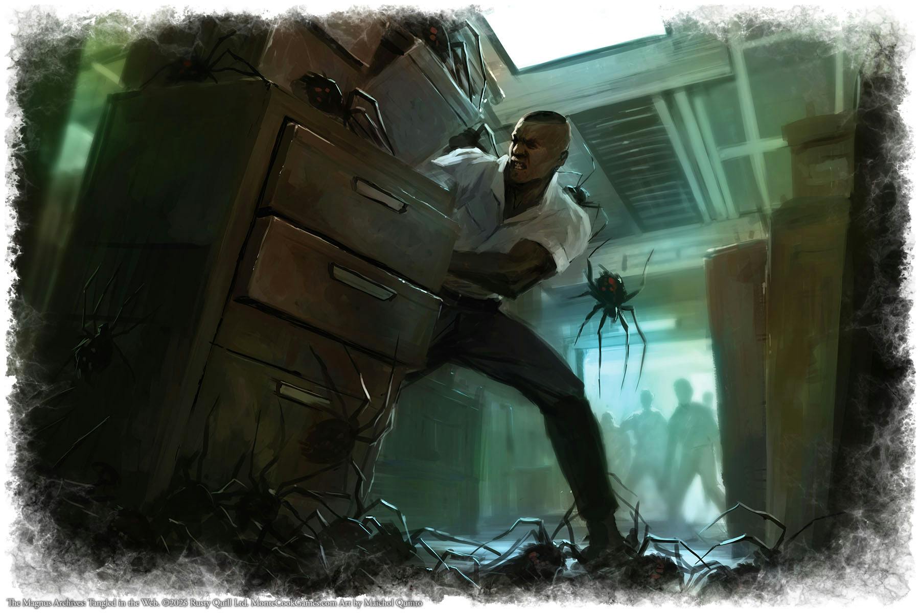 Image of man trying to turn over a file cabinet to protect his friends in back while a horde of spiders swarm over him.