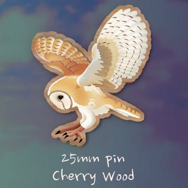 a mock up of a 25mm wooden pin made from an illustration of a flying barn owl by Poayo's Universe