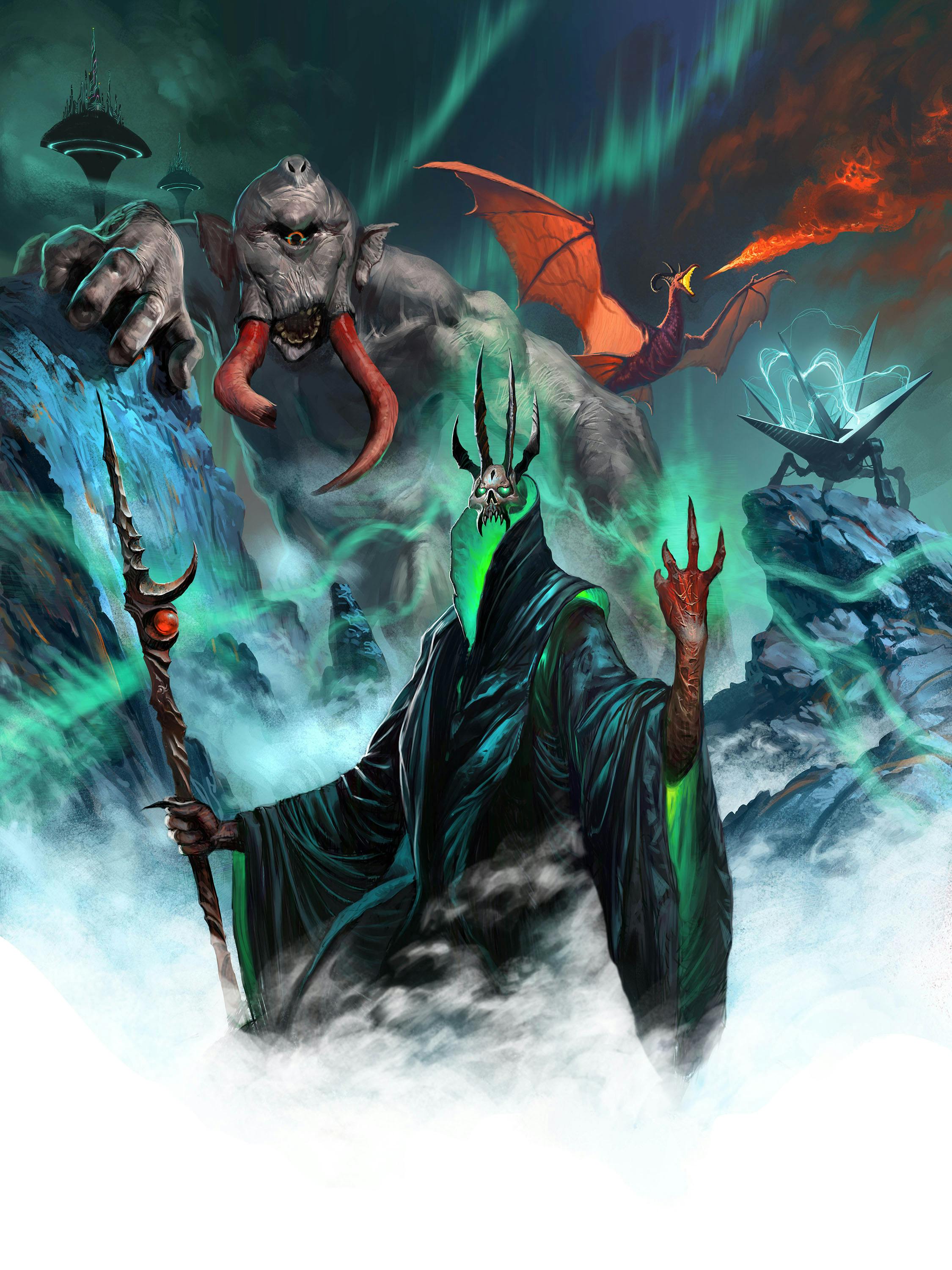 Cover art for Cypher Bestiary II, with a necromancer, ogre, dragon, and more weird creatures on the cover 