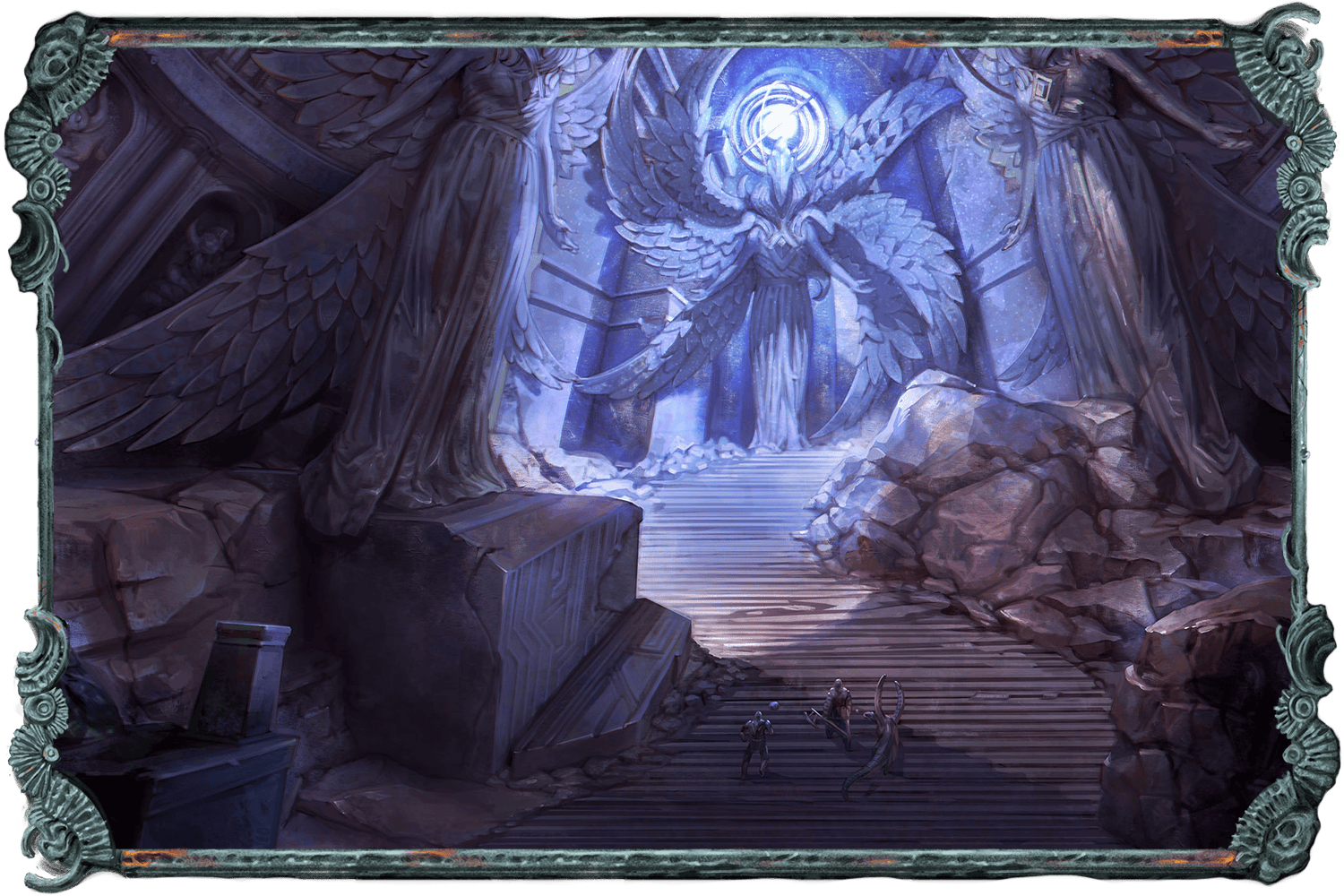 An illustration showing a group of fantasy characters as they ascend a massive staircase full of rubble, and surrounded by giant statues of strange angelic beings.