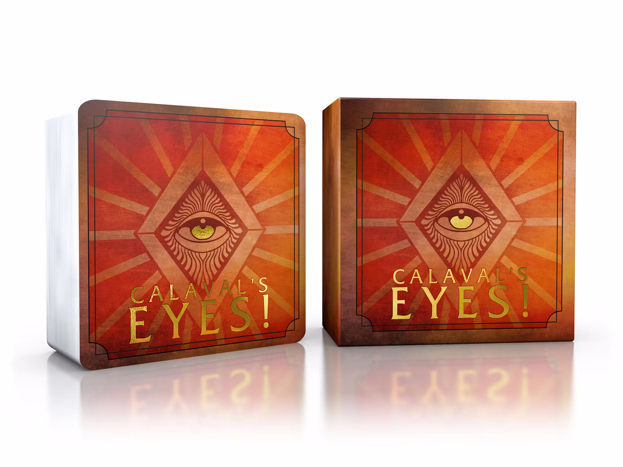 Mockup of the upgraded Calaval's Eyes! Deck and its box.