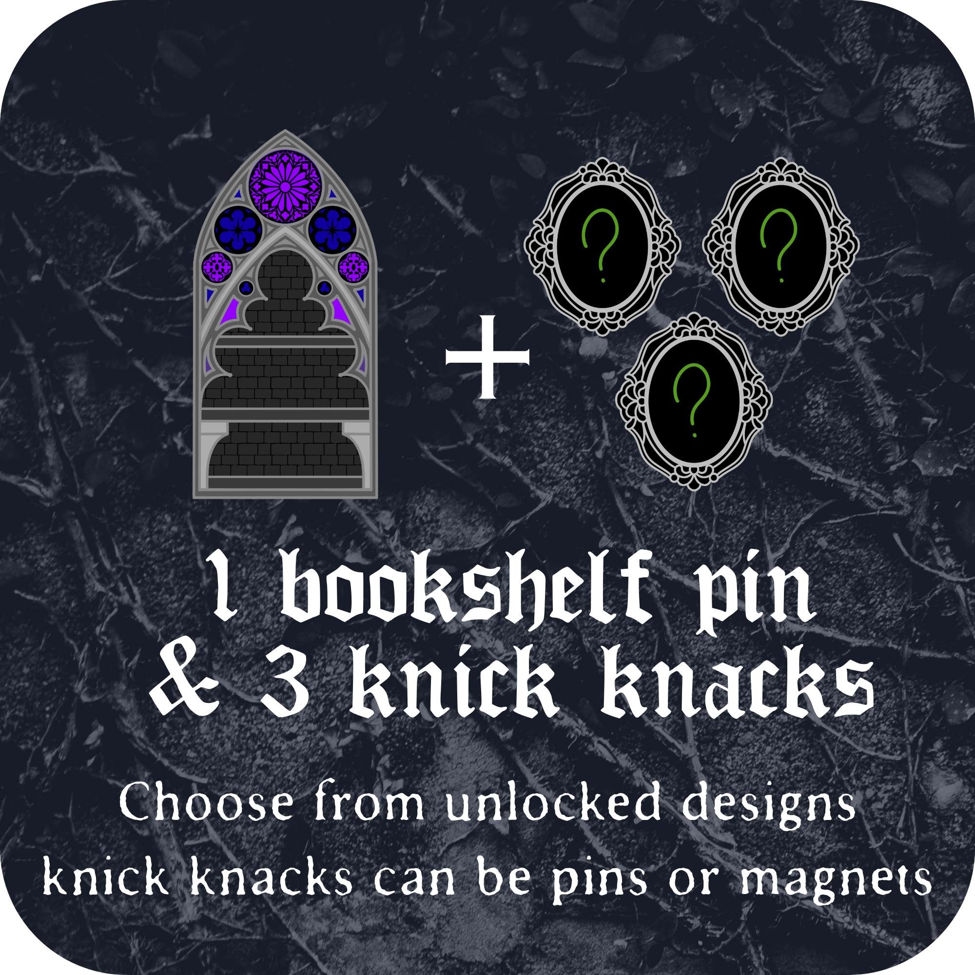 1 bookshelf pin + 3 knick knacks