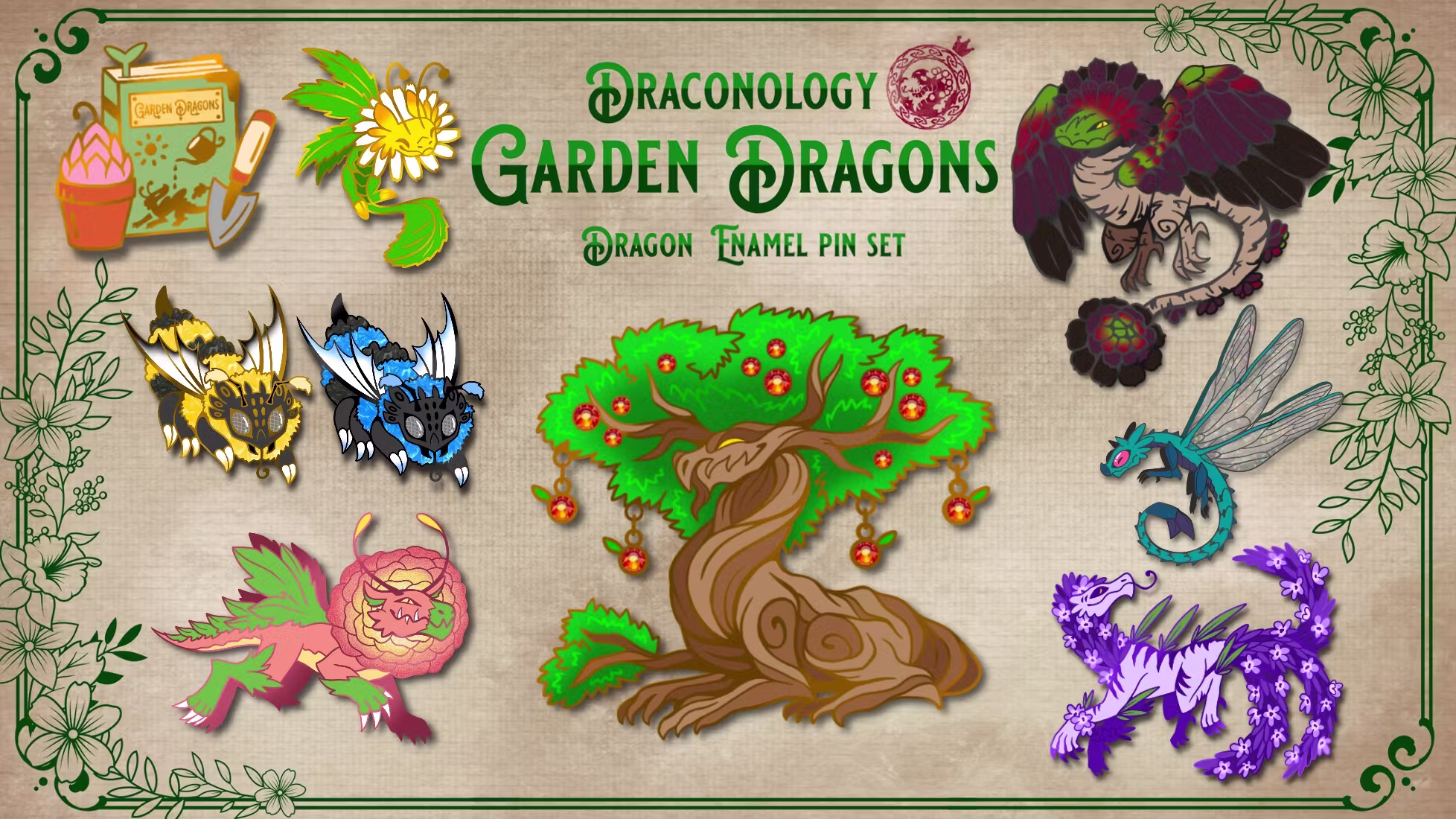 Draconology: Garden Dragons Enamel Pin Set