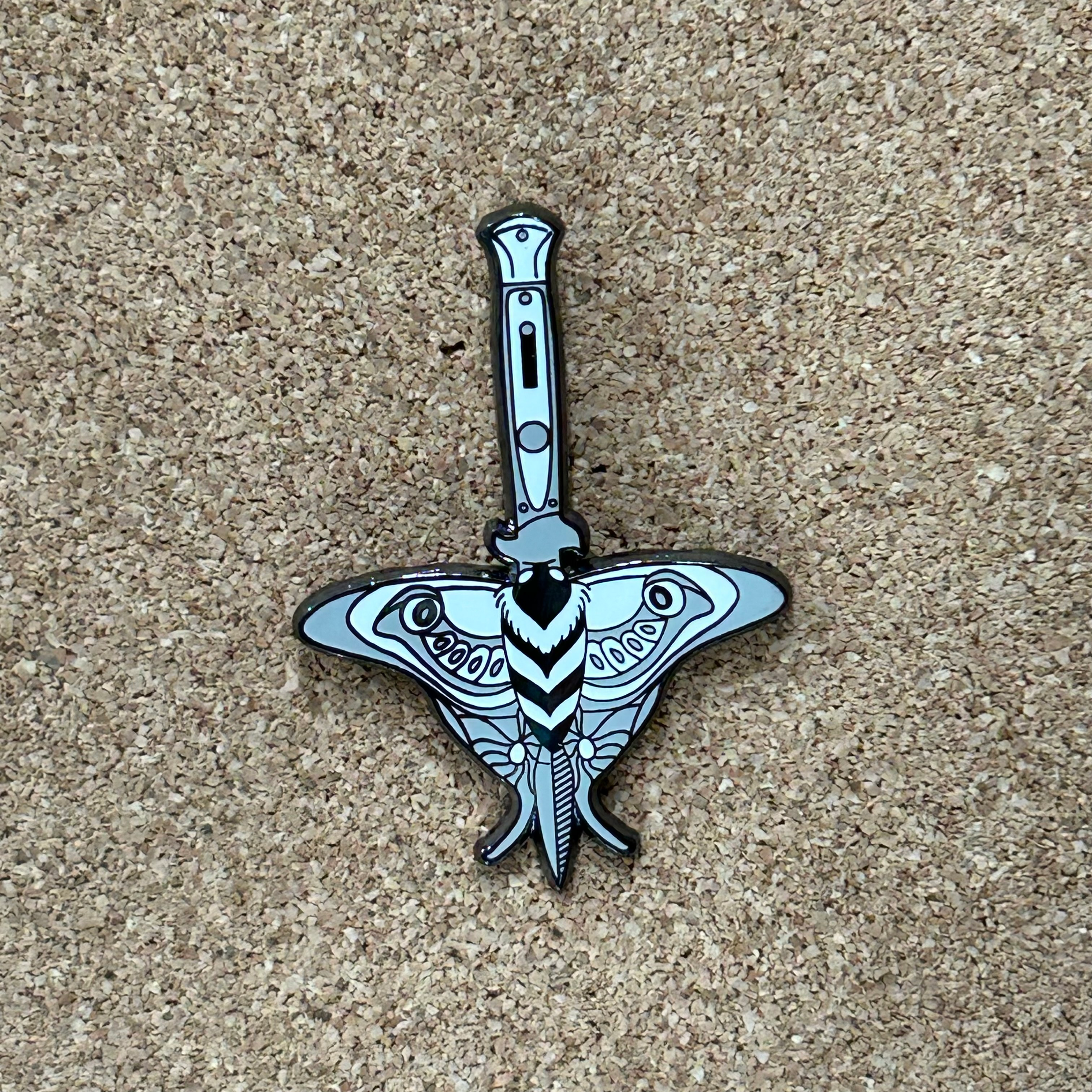Moth and Switch Blade Enamel Pin - Silver