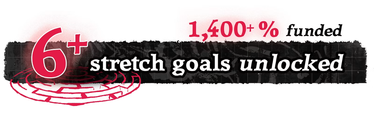 A banner image featuring a black distorted background and text with a large red summoning sigil to the left. The text reads: "6+ stretch goals unlocked. 1400+% funded."